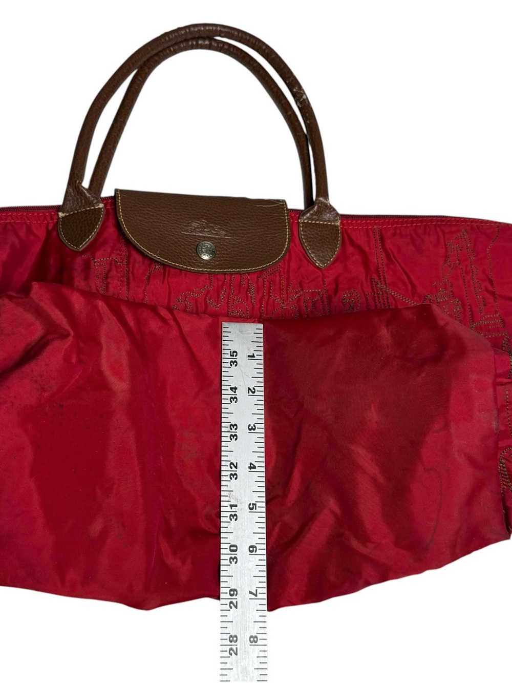 Longchamp le pliage Red Embroidered Jester Bag Travel Tote POOR/FAIR Condition - Picture 13 of 15